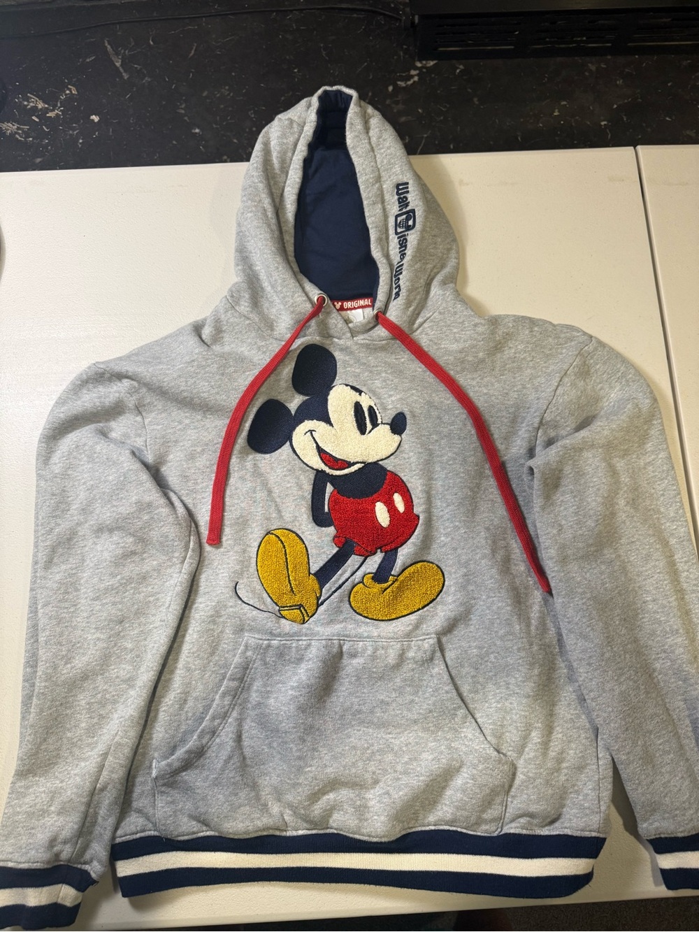 Walt Disney World Mickey Mouse Chenille Patch Hoodie XS Gray Red As-Is